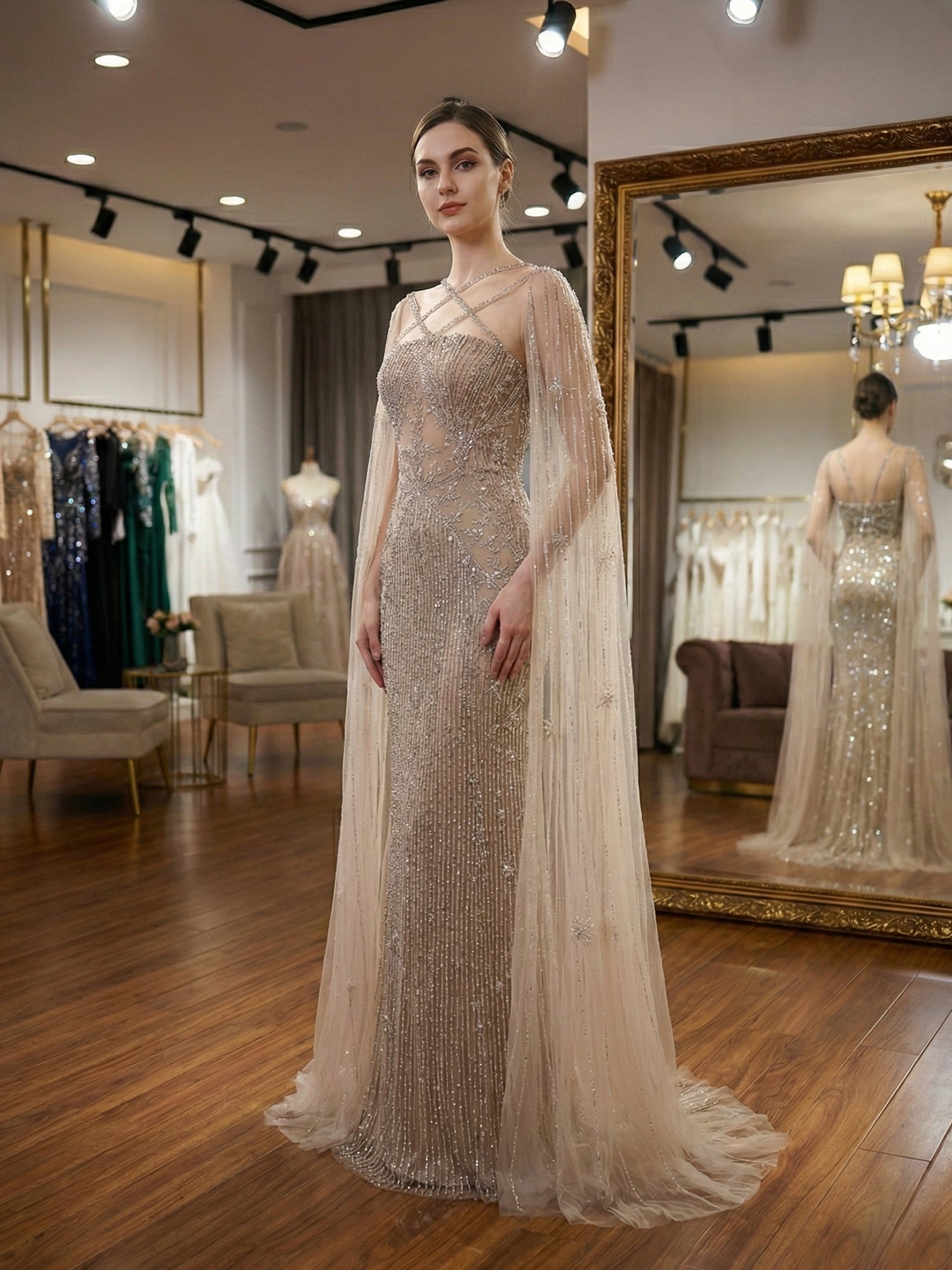 Teal Beaded Cape Evening Gown with Crisscross Neckline