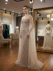 Teal Beaded Cape Evening Gown with Crisscross Neckline