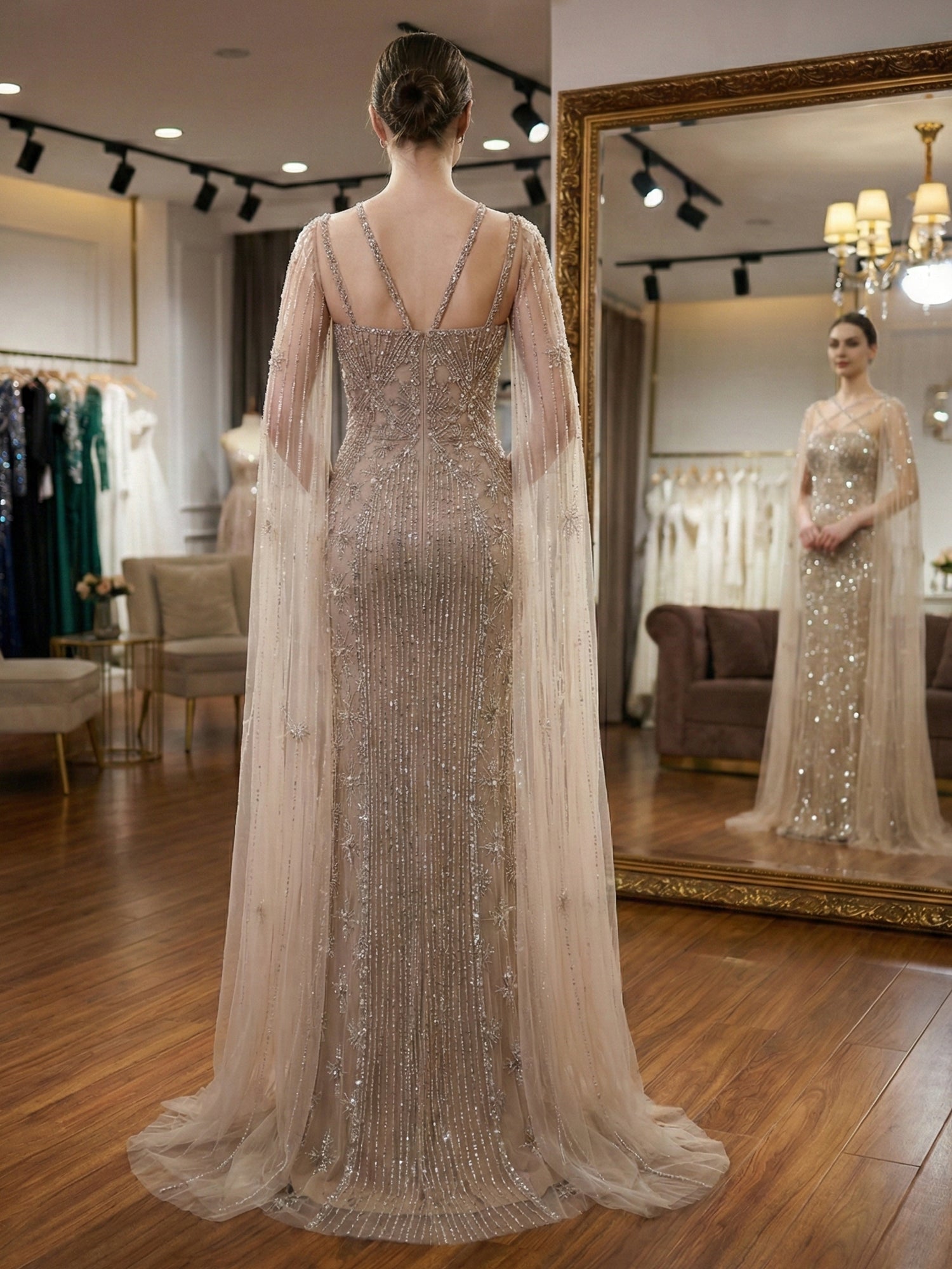 Teal Beaded Cape Evening Gown with Crisscross Neckline