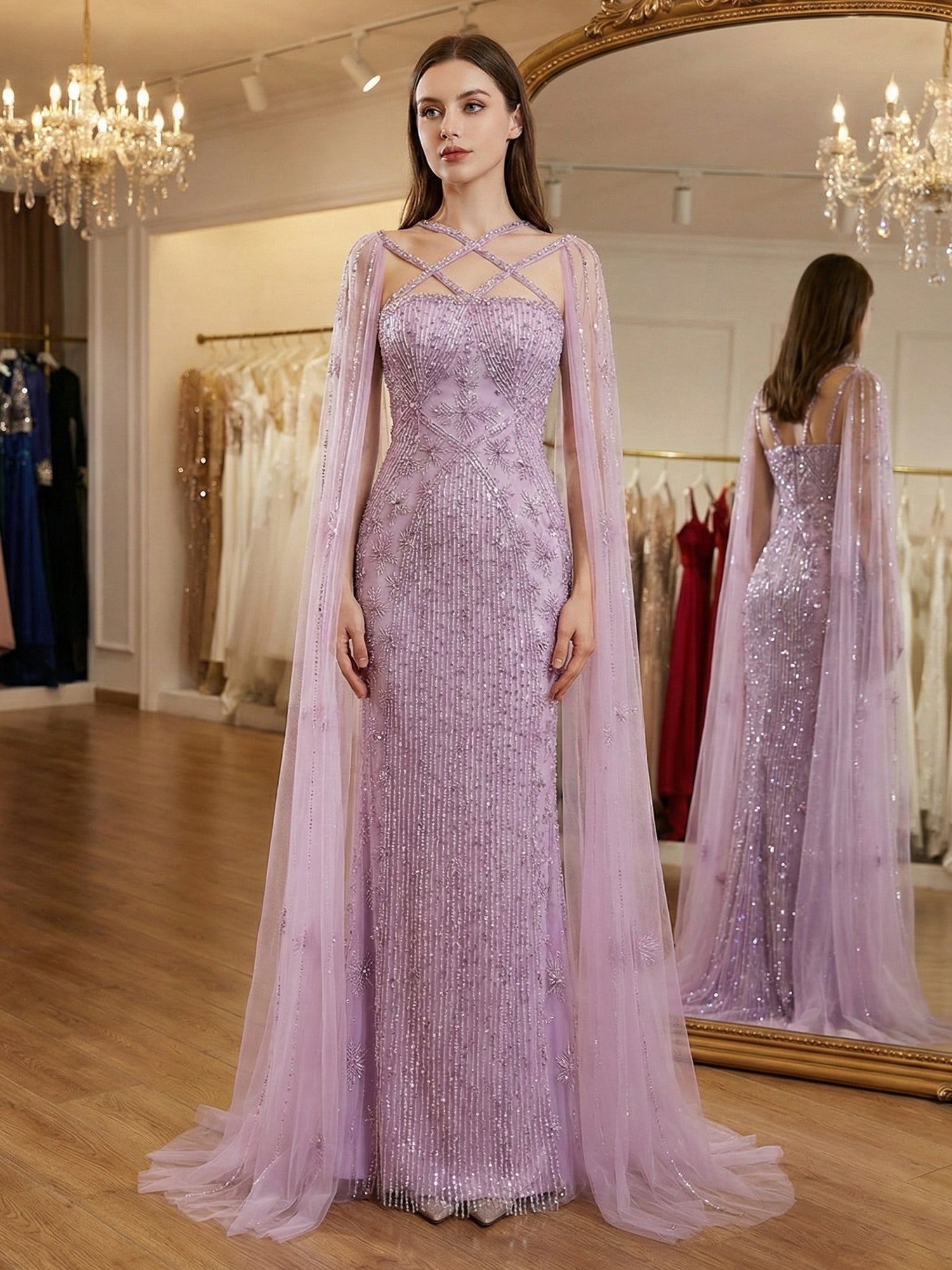 Teal Beaded Cape Evening Gown with Crisscross Neckline