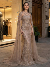 Teal Beaded Cape Evening Gown with Crisscross Neckline