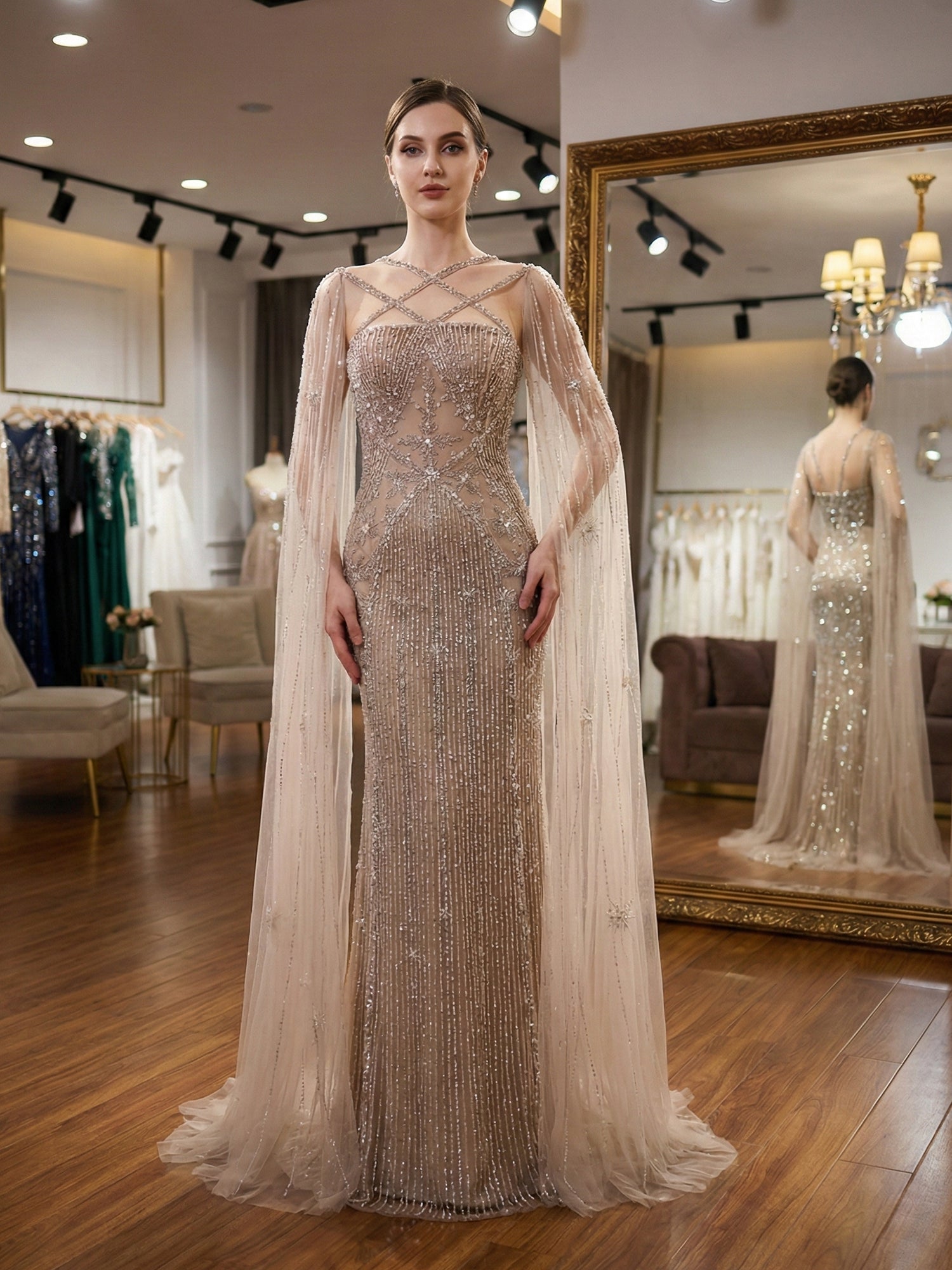 Teal Beaded Cape Evening Gown with Crisscross Neckline