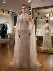 Teal Beaded Cape Evening Gown with Crisscross Neckline