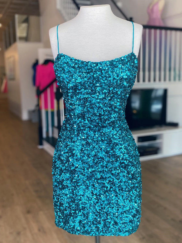 Teal Blue Sequin Spaghetti Straps Bodycon Short Homecoming Dress