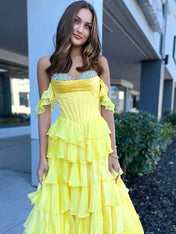 Teal Blue Tiered Ruffle Prom Dress with Crystal Basque Waist Corset