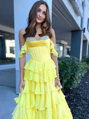 Teal Blue Tiered Ruffle Prom Dress with Crystal Basque Waist Corset