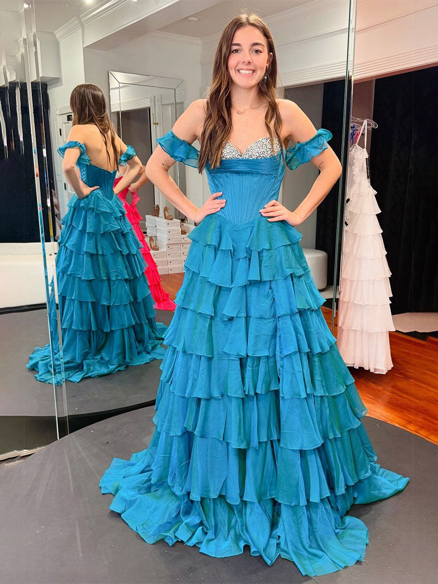 Dreamylily Prom Dress Teal Blue Tiered Ruffle Ball Gown with Crystal