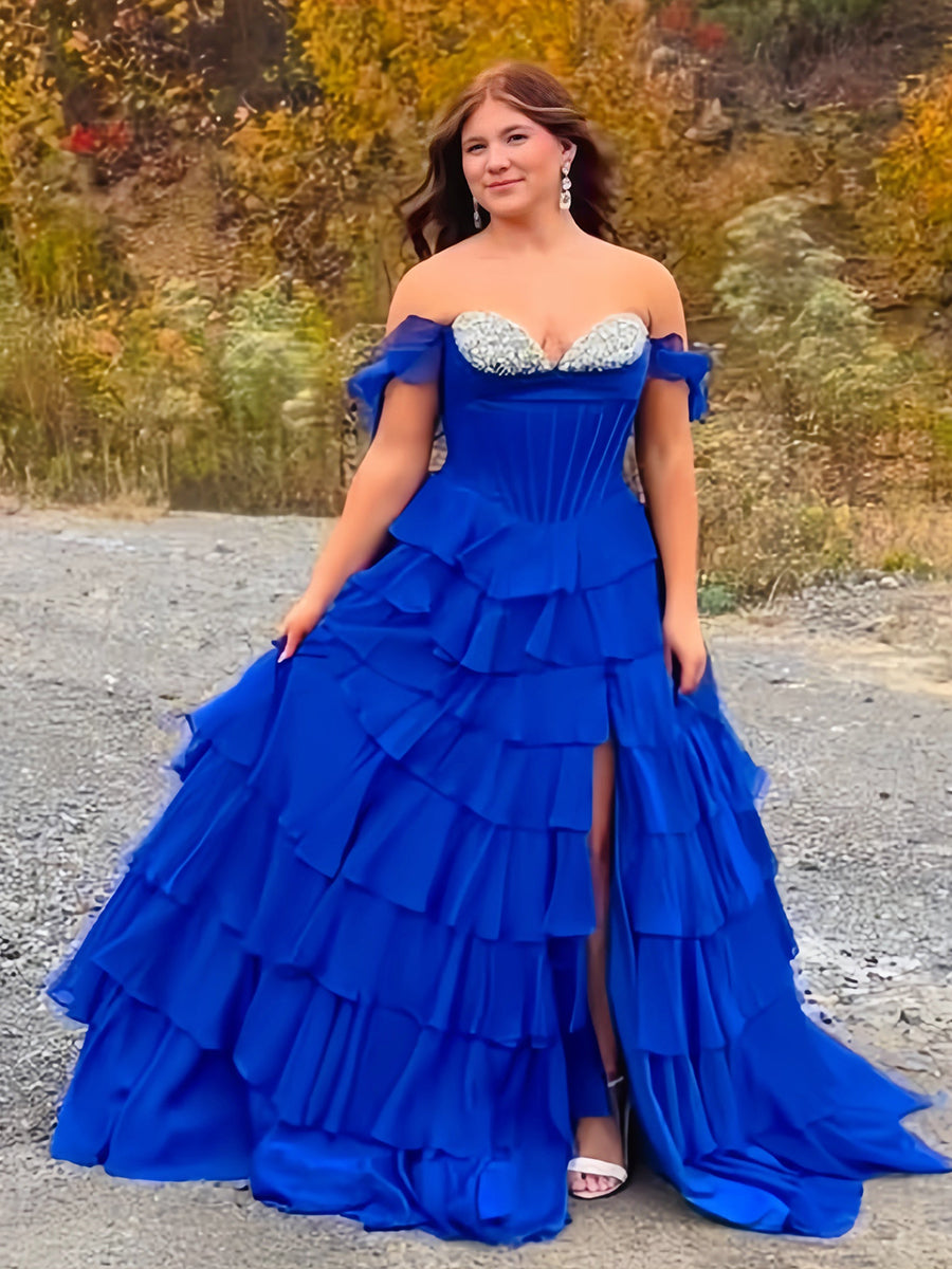 Teal Blue Tiered Ruffle Prom Dress with Crystal Basque Waist Corset