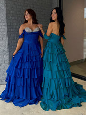Teal Blue Tiered Ruffle Prom Dress with Crystal Basque Waist Corset