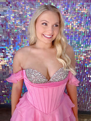 Teal Blue Tiered Ruffle Prom Dress with Crystal Basque Waist Corset