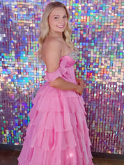 Teal Blue Tiered Ruffle Prom Dress with Crystal Basque Waist Corset