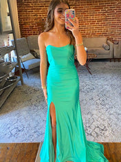 Teal Mermaid Strapless Fitted Long Prom Party Dress with Slit