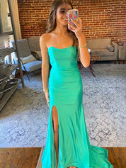 Teal Mermaid Strapless Fitted Long Prom Party Dress with Slit