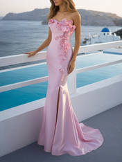 Pink Sweetheart Neckline 3D Flower Embellished Mermaid Gown