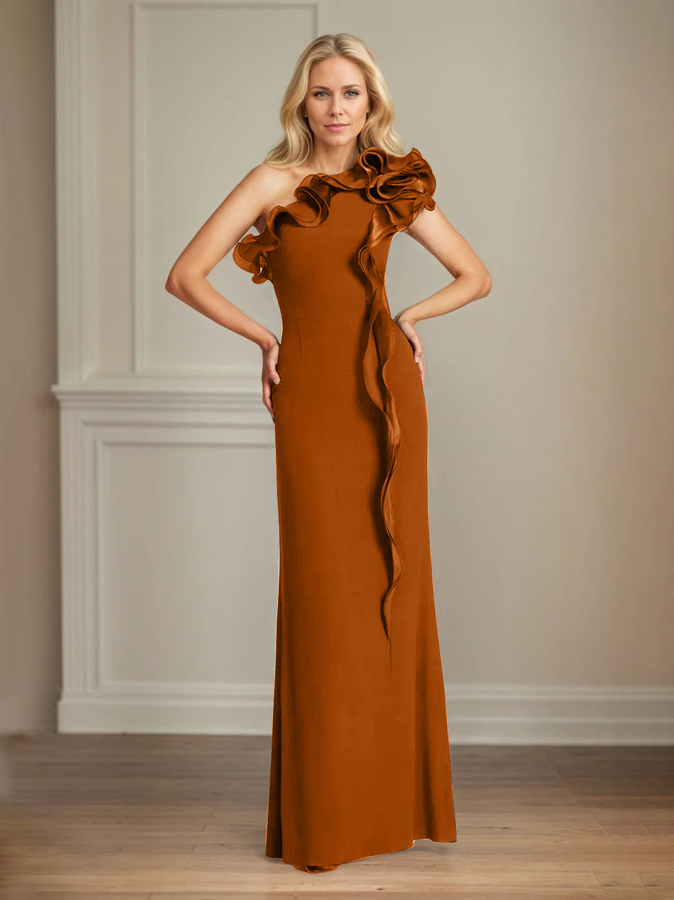 Column One Shoulder Floor Length Mother of the Bride Dresses With Ruffles