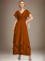 A-line V-Neck Ankle-Length Lace Chiffon Mother of the Bride Dress With Cascading Ruffles