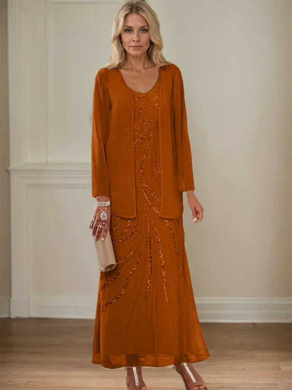 Robe de mère de la mariée fourreau/colonne, col en V, longueur cheville, avec veste et paillettes 