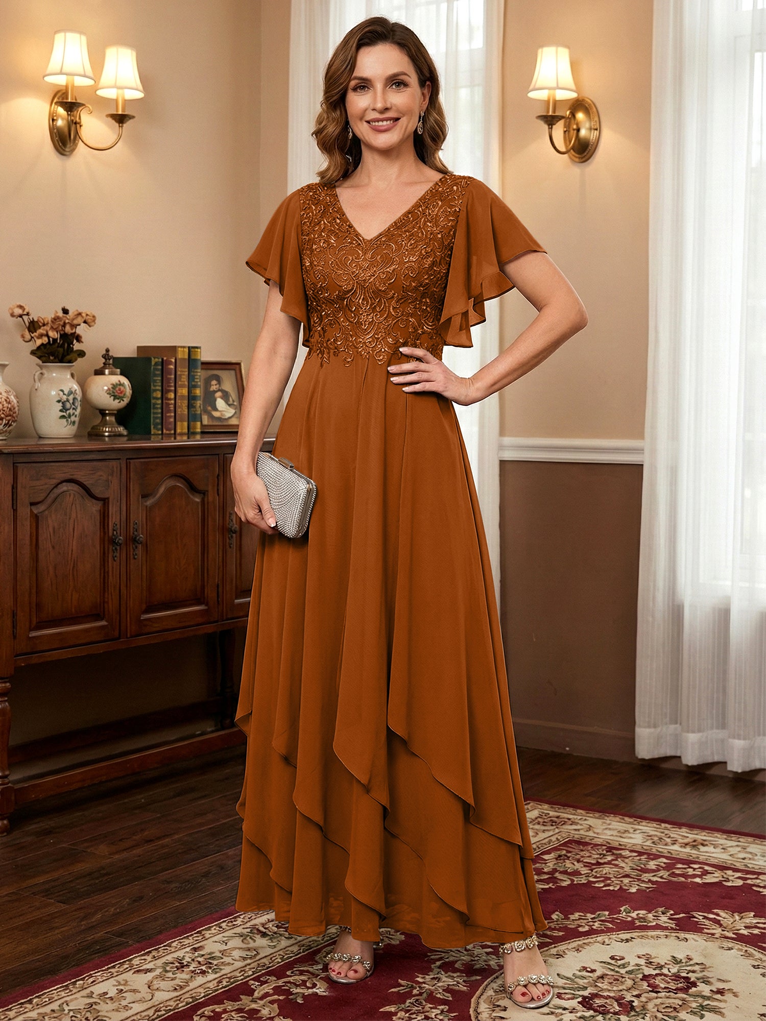 A-line V-Neck Ankle-Length Lace Chiffon Mother of the Bride Dress With Cascading Ruffles