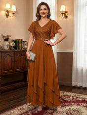 A-line V-Neck Ankle-Length Lace Chiffon Mother of the Bride Dress With Cascading Ruffles