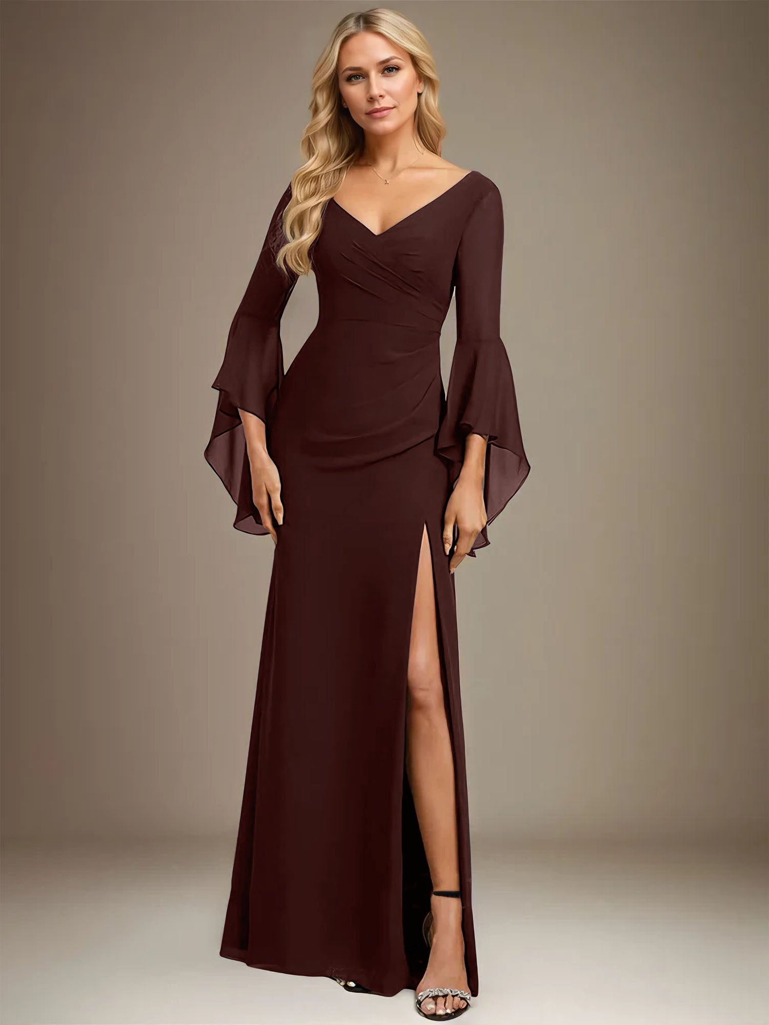 Column V-Neck Floor-Length Chiffon Dress With Pleated