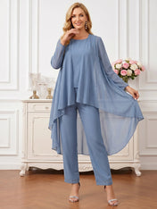 Three-Piece Chiffon Pant Suit Set with Flowy Cape Coat Mother of the Bride Pant Set
