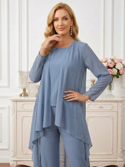 Three-Piece Chiffon Pant Suit Set with Flowy Cape Coat Mother of the Bride Pant Set