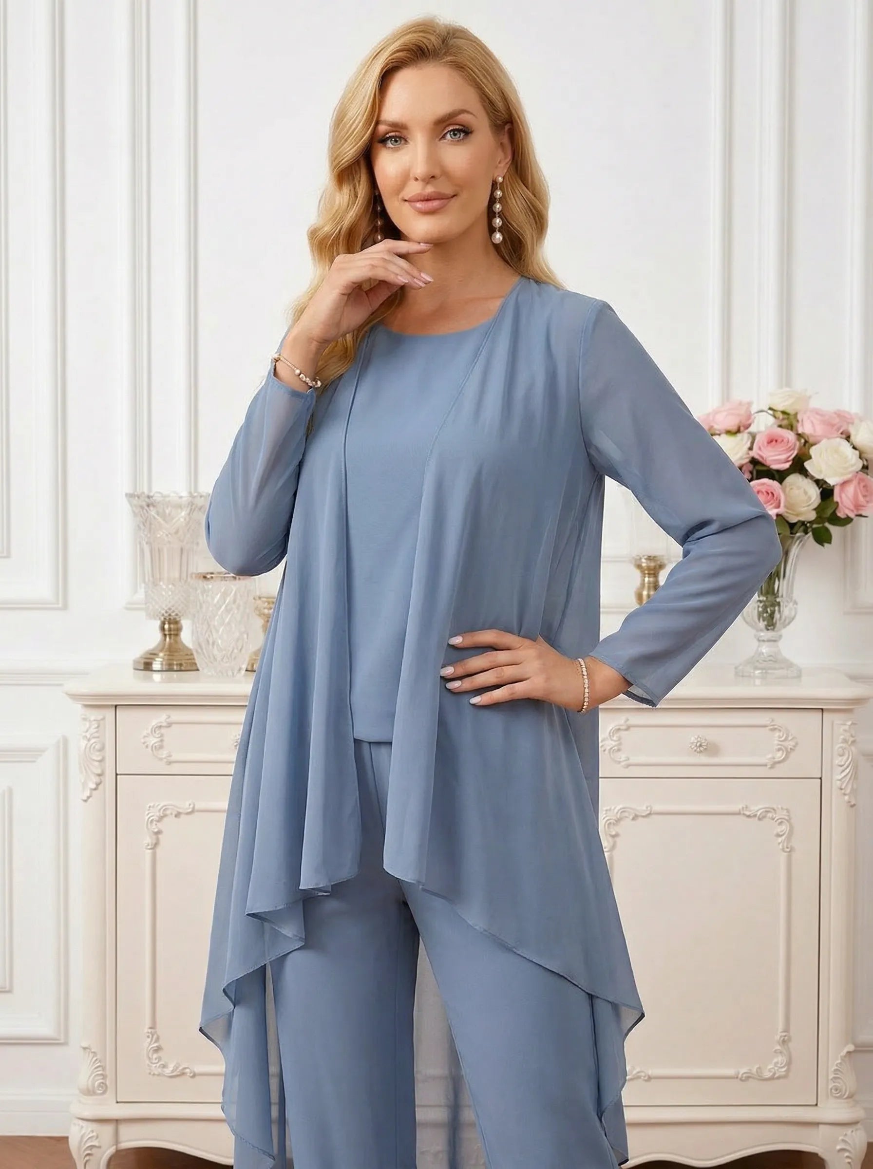 Three-Piece Chiffon Pant Suit Set with Flowy Cape Coat Mother of the Bride Pant Set