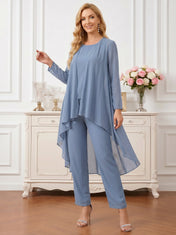 Three-Piece Chiffon Pant Suit Set with Flowy Cape Coat Mother of the Bride Pant Set