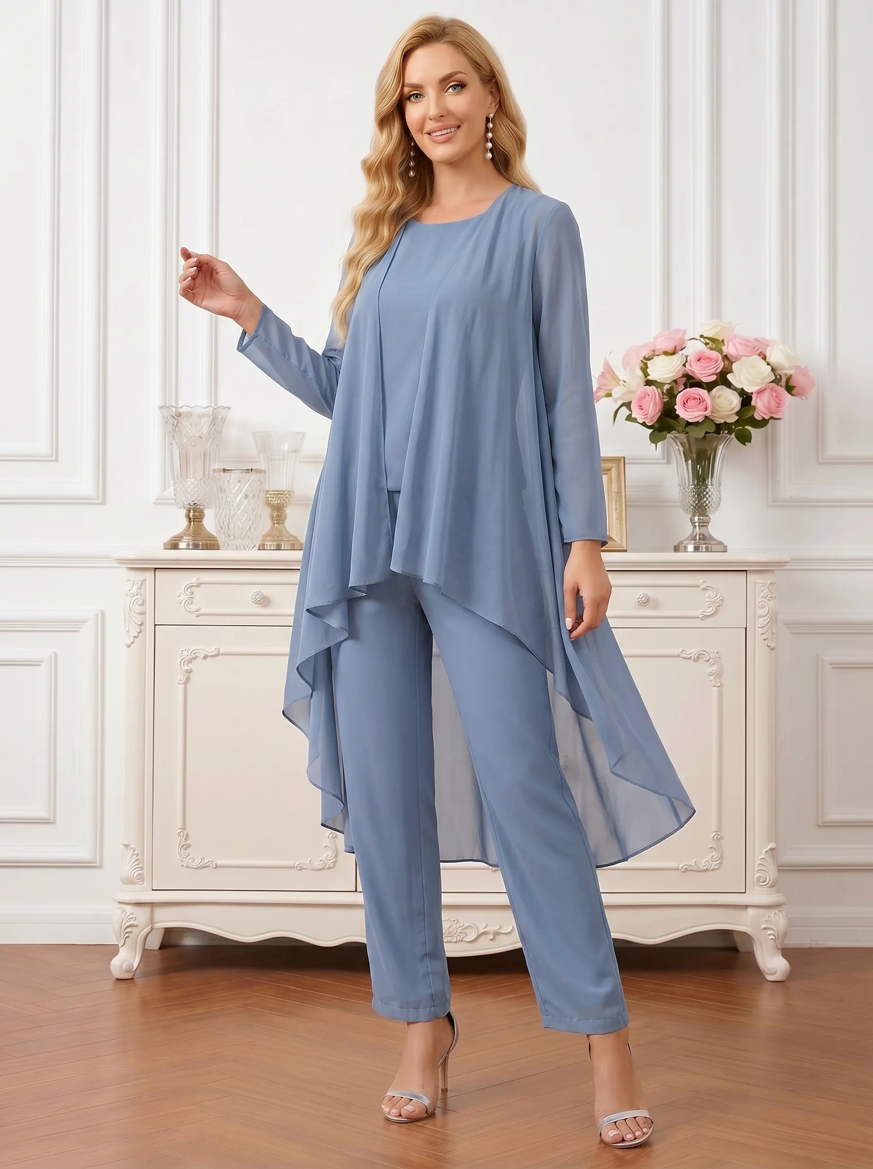 Three-Piece Chiffon Pant Suit Set with Flowy Cape Coat Mother of the Bride Pant Set