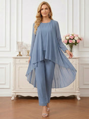 Three-Piece Chiffon Pant Suit Set with Flowy Cape Coat Mother of the Bride Pant Set