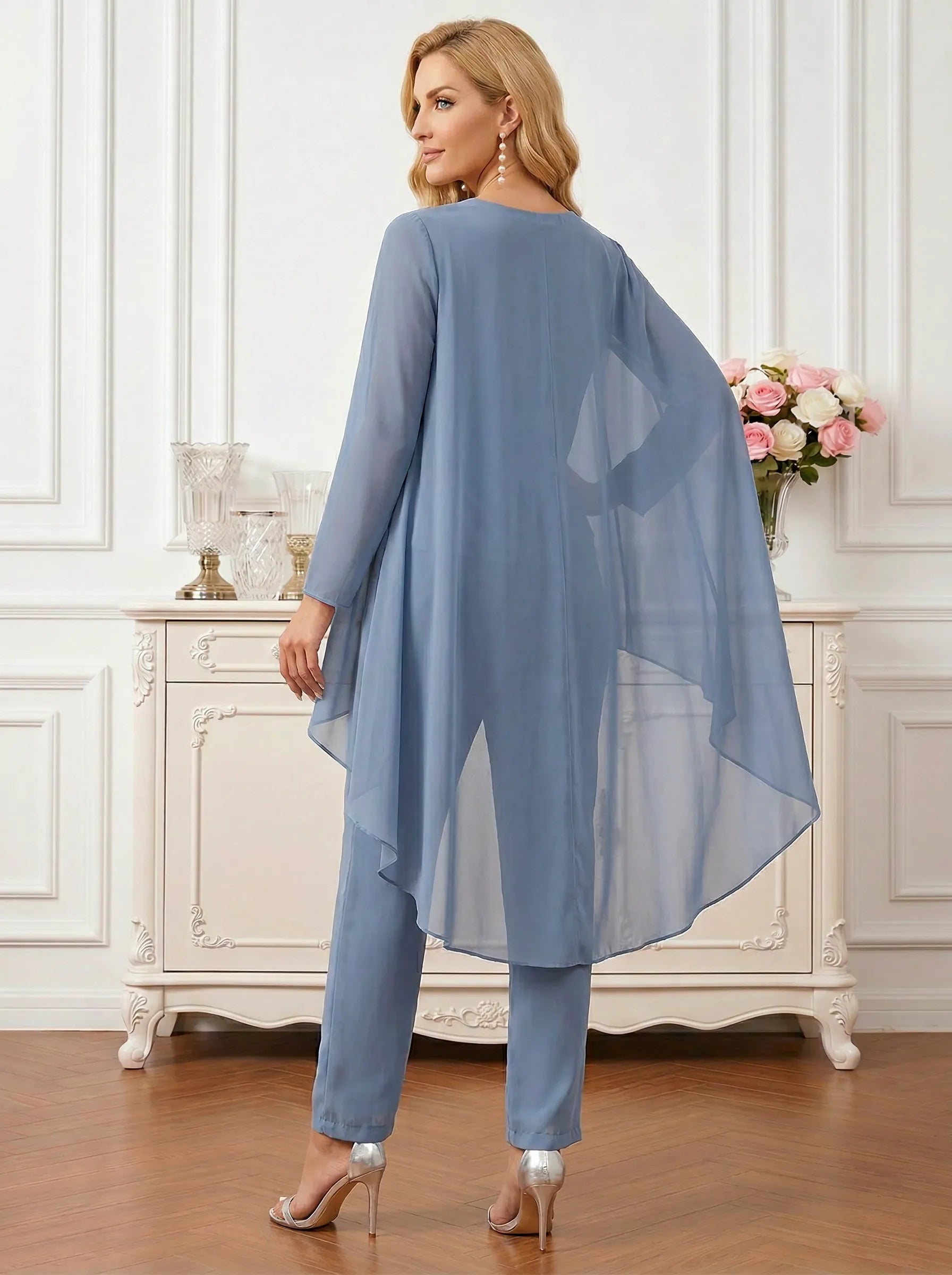 Three-Piece Chiffon Pant Suit Set with Flowy Cape Coat Mother of the Bride Pant Set