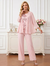 Three-Piece Pant Suit with Embroidered Sleeveless Top and Chiffon Cardigan Mother of the Bride Pant Set