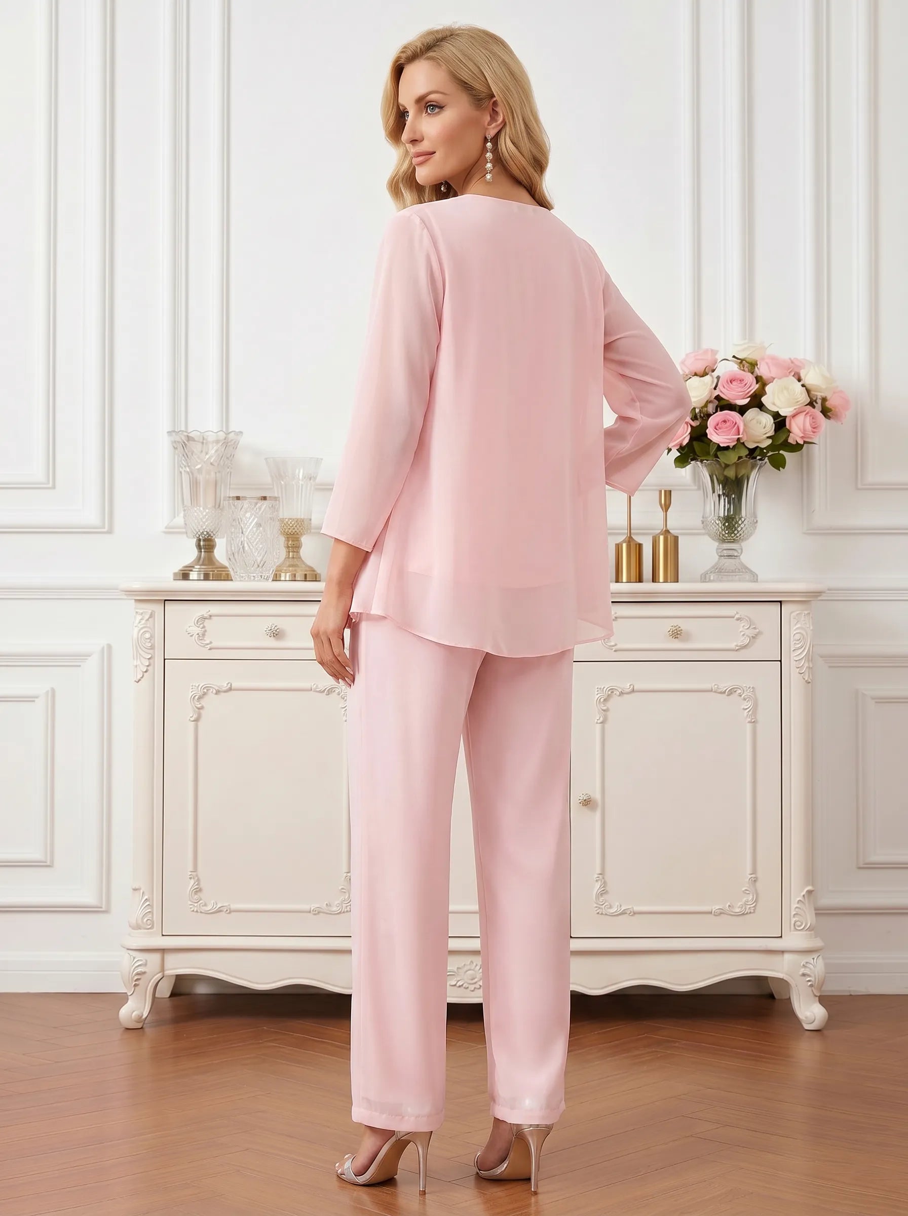 Three-Piece Pant Suit with Embroidered Sleeveless Top and Chiffon Cardigan Mother of the Bride Pant Set