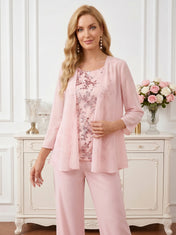 Three-Piece Pant Suit with Embroidered Sleeveless Top and Chiffon Cardigan Mother of the Bride Pant Set