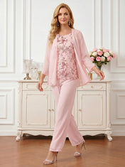 Three-Piece Pant Suit with Embroidered Sleeveless Top and Chiffon Cardigan Mother of the Bride Pant Set
