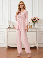 Three-Piece Pant Suit with Embroidered Sleeveless Top and Chiffon Cardigan Mother of the Bride Pant Set