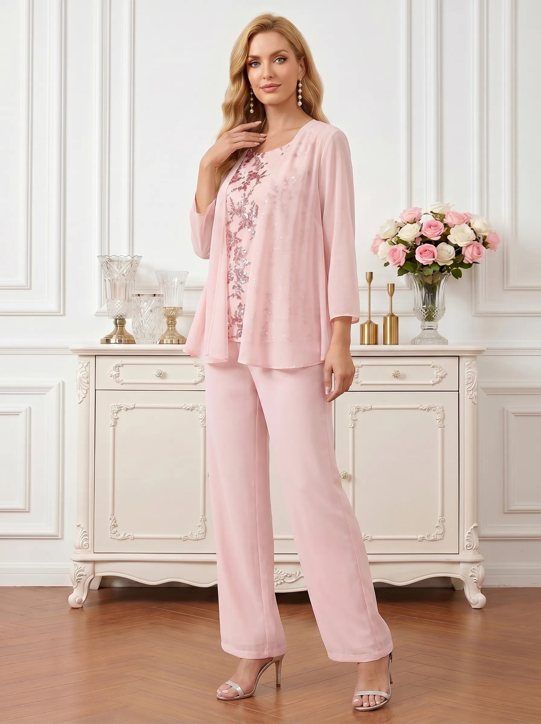 Three-Piece Pant Suit with Embroidered Sleeveless Top and Chiffon Cardigan Mother of the Bride Pant Set