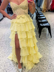Tiered Yellow Lace Corset Bodice Prom Dress with High Slit