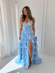 Tiered Yellow Lace Corset Bodice Prom Dress with High Slit