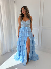 Tiered Yellow Lace Corset Bodice Prom Dress with High Slit