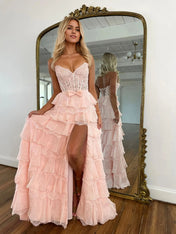 Tiered Yellow Lace Corset Bodice Prom Dress with High Slit