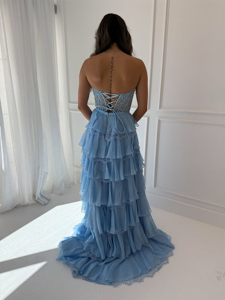 Tiered Yellow Lace Corset Bodice Prom Dress with High Slit