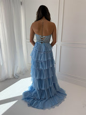 Tiered Yellow Lace Corset Bodice Prom Dress with High Slit