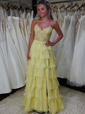 Tiered Yellow Lace Corset Bodice Prom Dress with High Slit