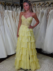 Tiered Yellow Lace Corset Bodice Prom Dress with High Slit