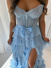 Tiered Yellow Lace Corset Bodice Prom Dress with High Slit