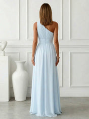 Timeless Light Blue One-Shoulder Maxi Dress Ruched Chiffon Gown