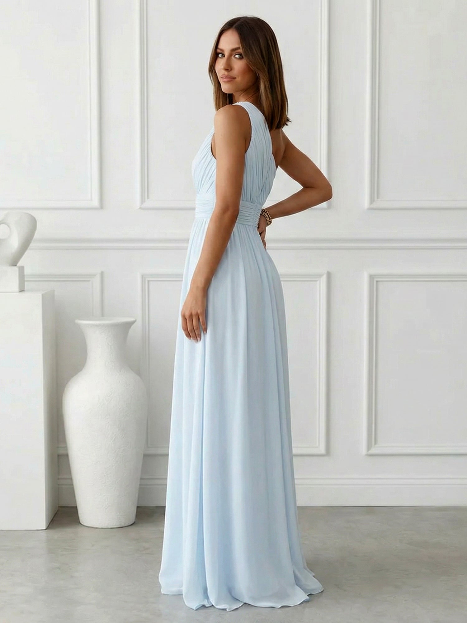 Timeless Light Blue One-Shoulder Maxi Dress Ruched Chiffon Gown