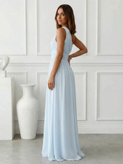 Timeless Light Blue One-Shoulder Maxi Dress Ruched Chiffon Gown