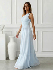 Timeless Light Blue One-Shoulder Maxi Dress Ruched Chiffon Gown